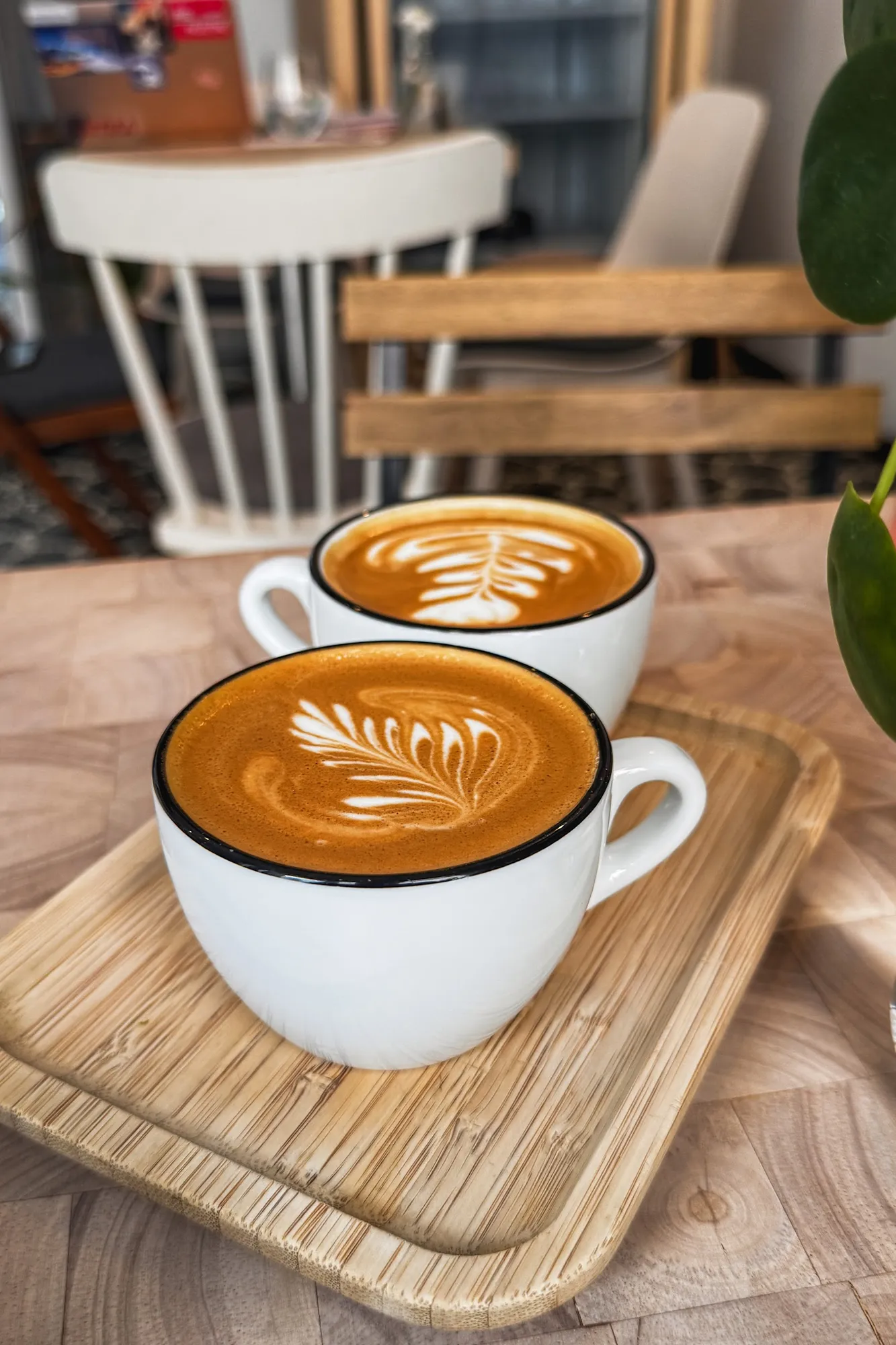 Zwei Flat Whites mit Latte Art auf einem Holztablett